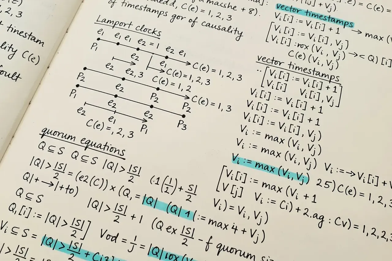 Mathematical notation from distributed systems papers, academic notebook aesthetic